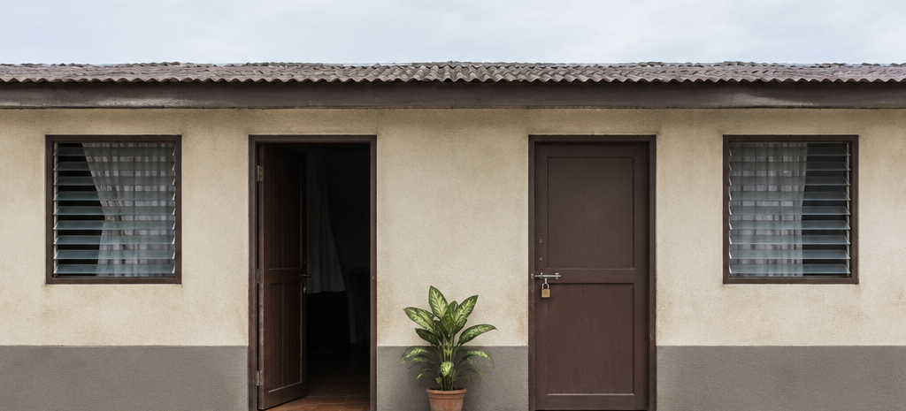 The front of a modest two-door Philippine townhouse with one door open and the adjacent door padlocked, illustrating one co-owner occupying or renting out shared property.