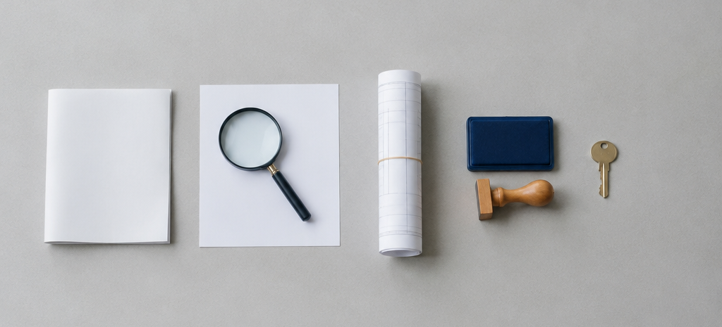 A magnifying glass resting on a blank document beside a rolled survey plan, a wooden stamp and a house key on a grey desk, illustrating verification of a land title before buying property in the Philippines.