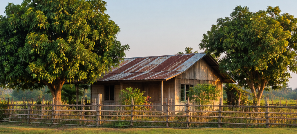 A weathered wooden house with a rusted iron roof behind an old leaning bamboo fence and mature mango trees, illustrating decades of possession of land in the Philippines.