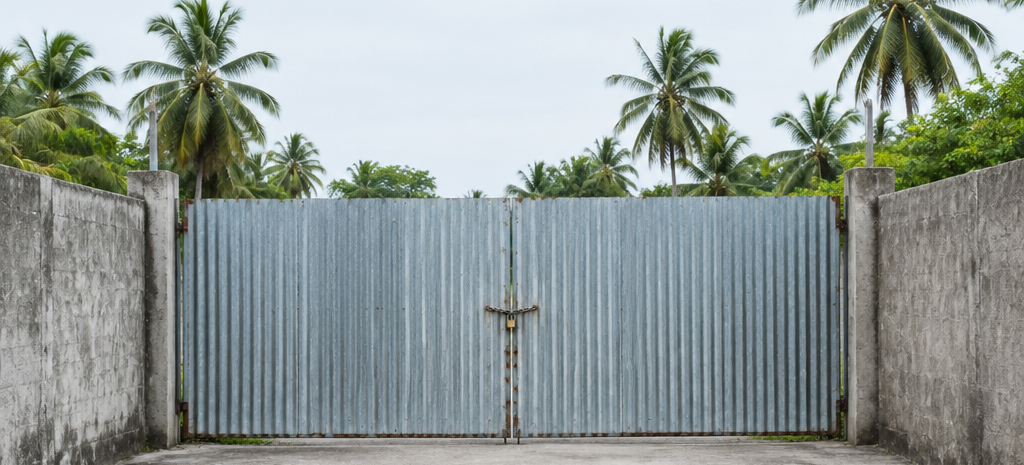 A corrugated iron gate chained and padlocked across a narrow concrete access lane between two walls in a Philippine residential area, illustrating a blocked right of way.