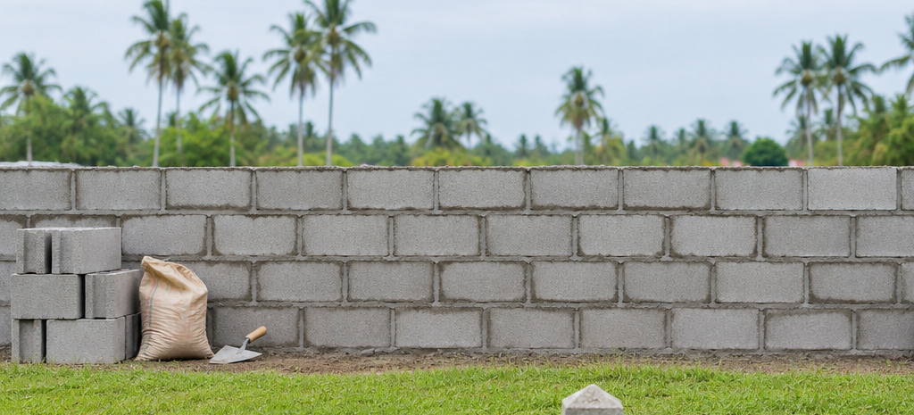 An unfinished concrete hollow-block wall under construction across a garden with a small boundary monument visible on the grass in front of it, illustrating a neighbor building across a property line in the Philippines.