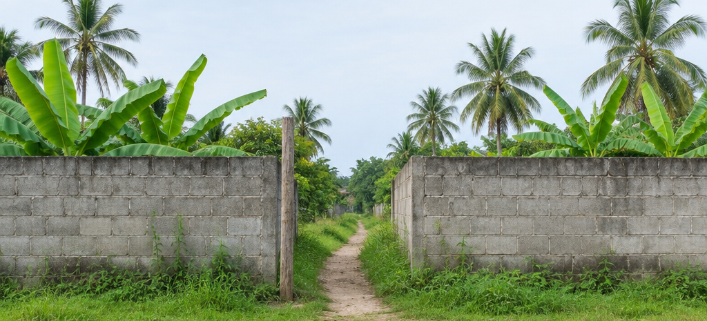A narrow dirt footpath running between two concrete hollow-block perimeter walls in a rural Philippine barangay, illustrating a right of way for land with no access to a public road.