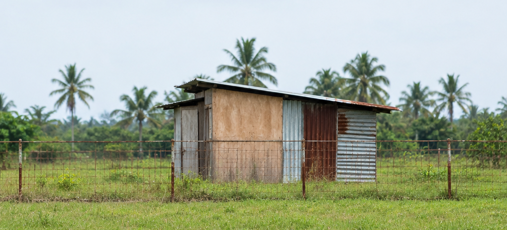 A small makeshift plywood and galvanised iron structure standing on an otherwise empty grassy lot behind a low wire fence, illustrating occupation of land without the owner's permission in the Philippines.